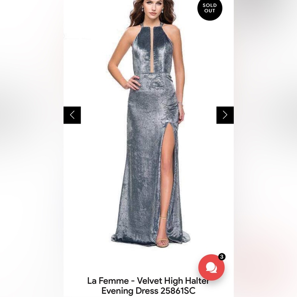 La Femme - Velvet High Halter Evening Dress 25861SC sparkly baby blue.